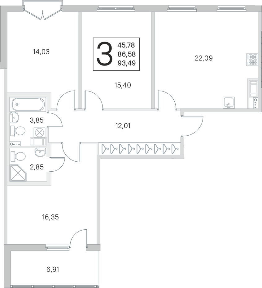 3-комнатная квартира 86.58 м², 3/4 эт., ЖК «Любоград в Стрельне»